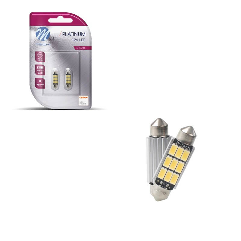 Λάμπες Led Σωληνωτές 41mm 9 Leds 12volt Λευκό Φως M-Tech LB816W 2 Τεμάχια