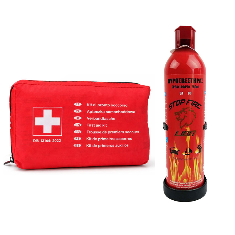 Σετ Ασφαλείας Αυτοκινήτου Φαρμακείο Πρώτων Βοηθειών Με Πιστοποίηση Din 13164:2022 Και Πυροσβεστήρας Αφρού 750ml