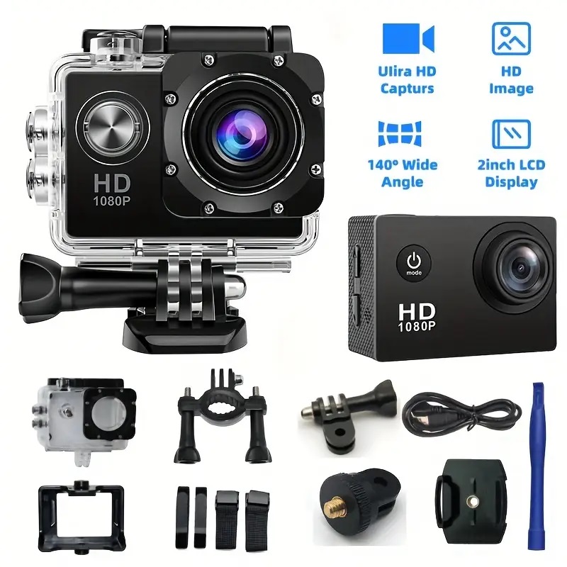 Action Camera 1080P Ultra HD 140° ευρεία γωνία Με όλα τα αξεσουάρ Remedios