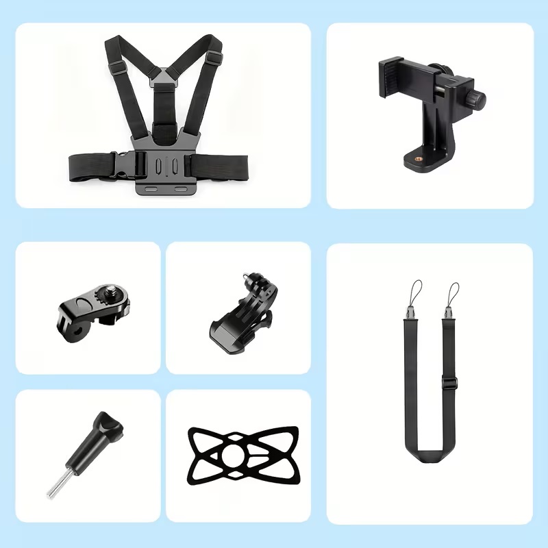 Βάση κινητού & Go Pro στήθους μαύρο χρώμα με Προστατευτικό Δίχτυ Και Αντικραδασμικό Σχοινί Σετ 7 Τεμάχια