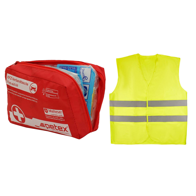 Σετ Ασφαλείας Αυτοκινήτου Φαρμακείο Πρώτων Βοηθειών Με Πιστοποίηση Din 13164:2022 Και Γιλέκο Αντανακλαστικό Ασφαλείας Φωσφοριζέ Κίτρινο XL CE