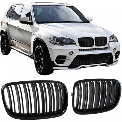 Καρδιές Μάσκας Για Bmw X5 E70 07-13 / X6 E71 08-14 M4 Look Με Διπλή Γρίλια Μαύρο Γυαλιστερό Με 7 Γρίλιες 2 Τεμάχια